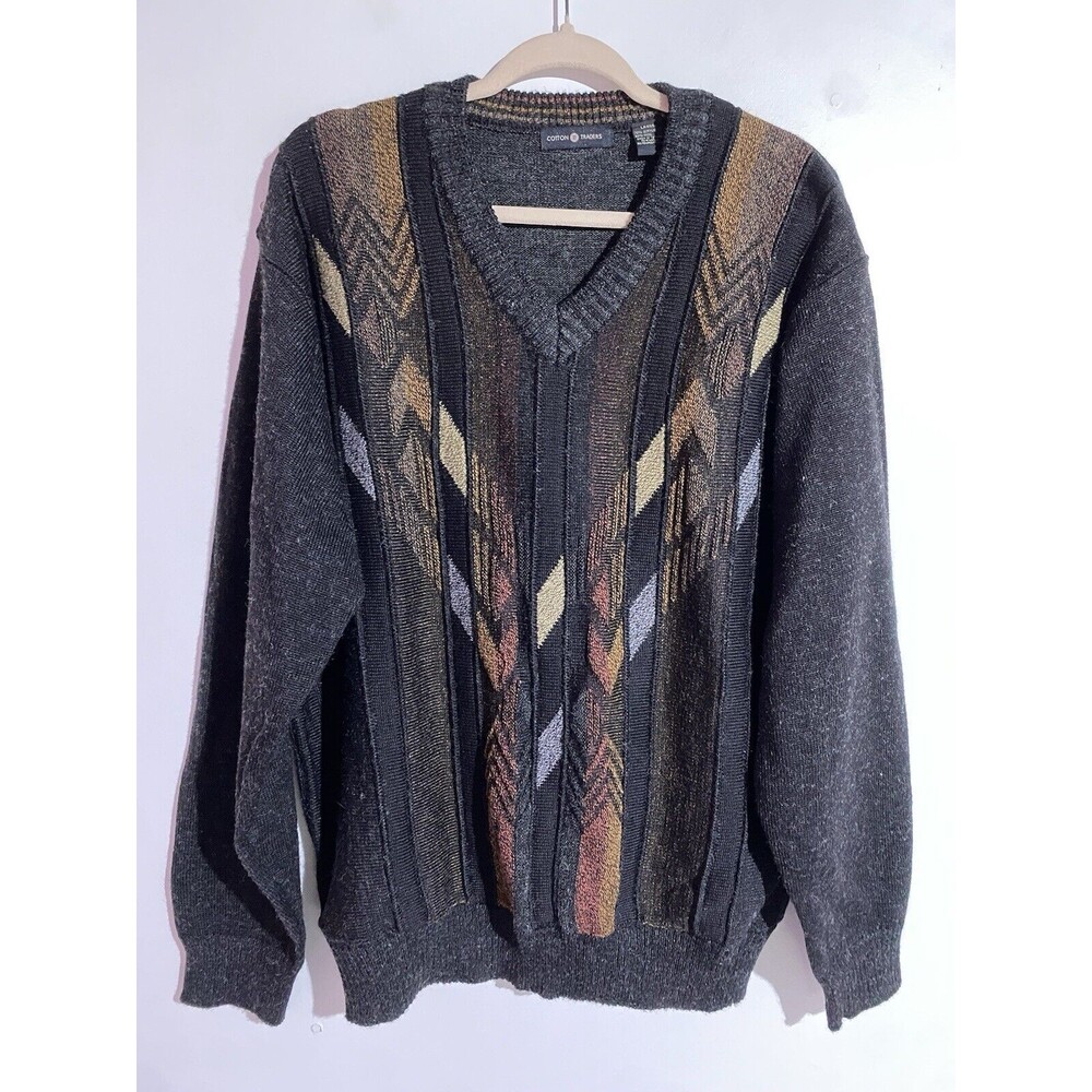 Vtg Cotton Traders Sweater‎ L Gray Wool Blend Coogi Style Biggie Cosby Grandpa